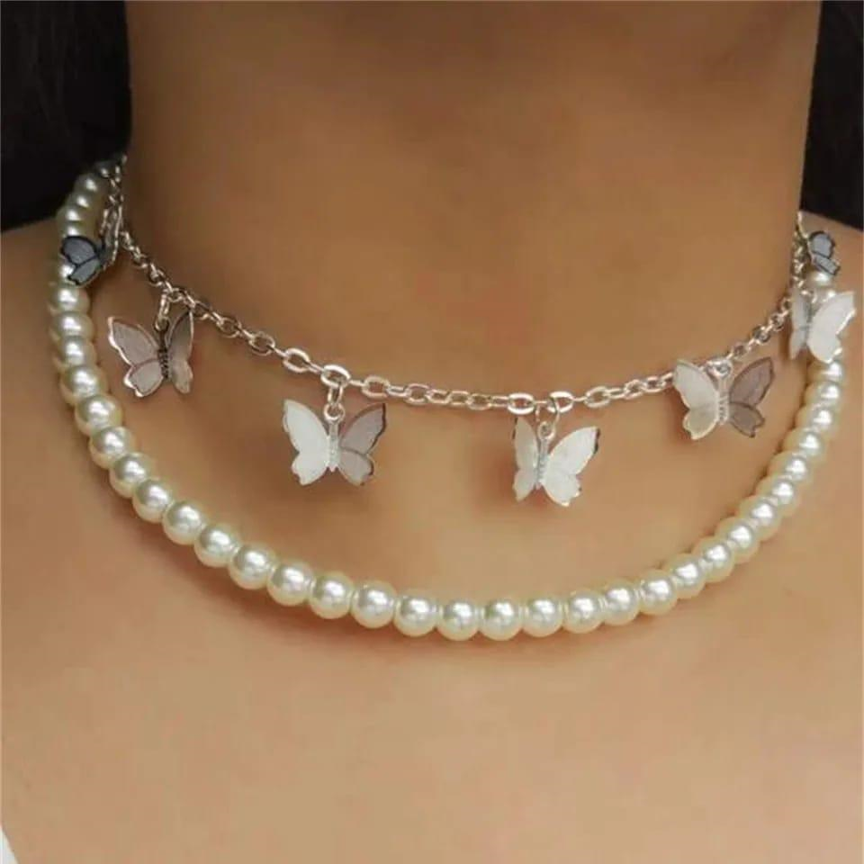 Butterfly Choker Pearl Beads Adjustable Fit